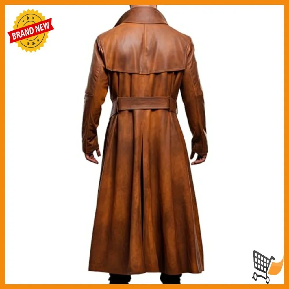 Men's Genuine Leather Trench Coat with Belt Western Duster